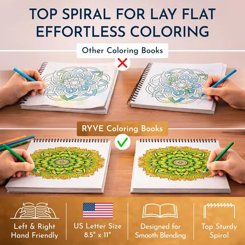 Miniatura 6 de Libro de colorear mandala RYVE para adultos - 50 mandalas únicas para relajación y alivio del estrés - Libro de colorear para adultos en espiral