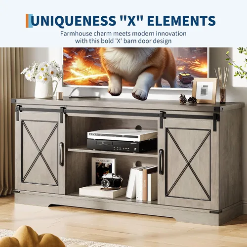 Miniatura 5 de GarveeHome Soporte de TV de granja para TV de hasta 65 pulgadas y centro de entretenimiento con puertas corredizas de granero y estante ajustable