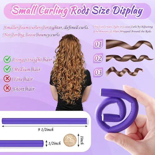 Miniatura 3 de 30 rizadores de pelo de espuma pequeños, 9.45 pulgadas de largo x 0.47 pulgadas de diámetro, varillas flexibles sin calor para cabello corto, Morado