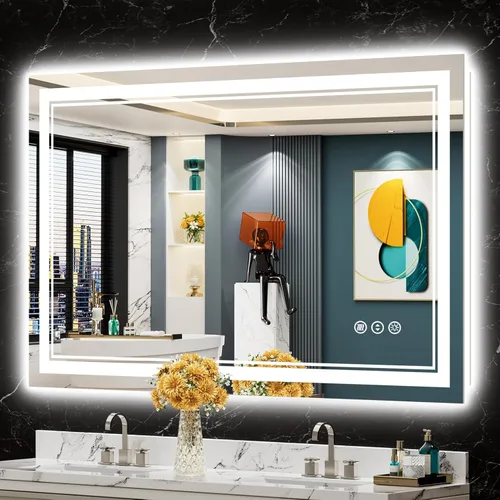 Miniatura 74 de 30x36 Espejo de baño LED con luces, retroiluminado y luz frontal, espejo de tocador iluminado antivaho para pared de baño, 3 colores, regulable