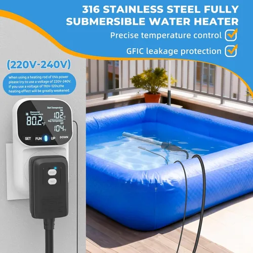 Miniatura 4 de Calentador de agua eléctrico de inmersión de 1800 W, calentadores de agua totalmente sumergibles con termostato y GFCI, para fregaderos, bañeras