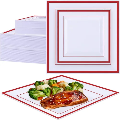Yinder Juego de 100 platos desechables rojos de plástico cuadrado para 50 invitados de 9.5, 6.5 pulgadas, platos de plástico resistentes para