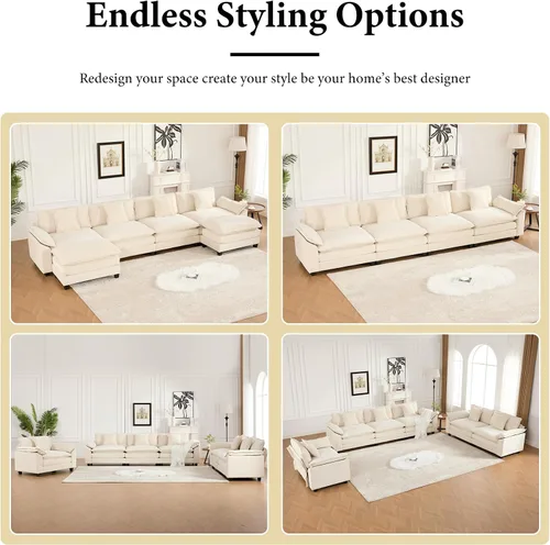 Miniatura 7 de Sofá seccional modular beige de 117.3", sofás seccionales grandes de 3 plazas para sala de estar, sofá nube oversized de tela chenille con otomana