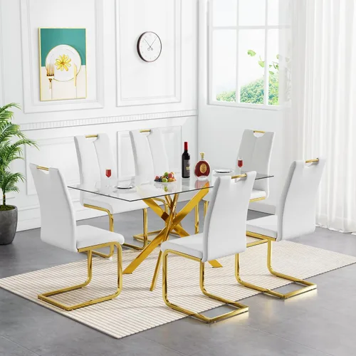 Miniatura 8 de Juego de mesa de comedor de cristal negro de 51 pulgadas para mesa de cocina de 4,5 piezas y sillas con patas de metal y 4 sillas de comedor de piel