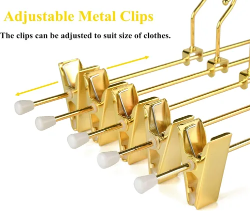 Miniatura 5 de Amber Home Paquete de 10 perchas de metal dorado brillante de 12 pulgadas para pantalones, resistentes para pantalones con 2 clips antideslizantes