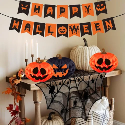 Miniatura 5 de Kit de decoración de fiesta de Halloween para interiores con bolas de papel de panal y abanicos, bufanda de mantel de chimenea, camino de mesa