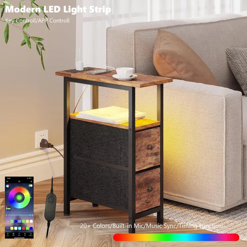 Miniatura 4 de TRIFEBLE Mesa auxiliar con estación de carga, mesa auxiliar estrecha con 2 cajones de tela, mesita de noche delgada con luz LED, mesita de noche