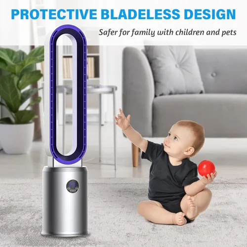 Miniatura 6 de advwin Ventilador de torre sin aspas con control remoto, ventilador de enfriamiento silencioso con oscilación, 24 velocidades, temporizador de 12