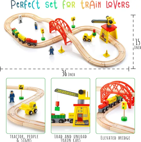 Miniatura 7 de KipiPol Juegos de trenes de madera para niños de 2 a 4 a 7 años – 38 piezas de tren de madera para niños pequeños con grúa, puente y pistas de tren