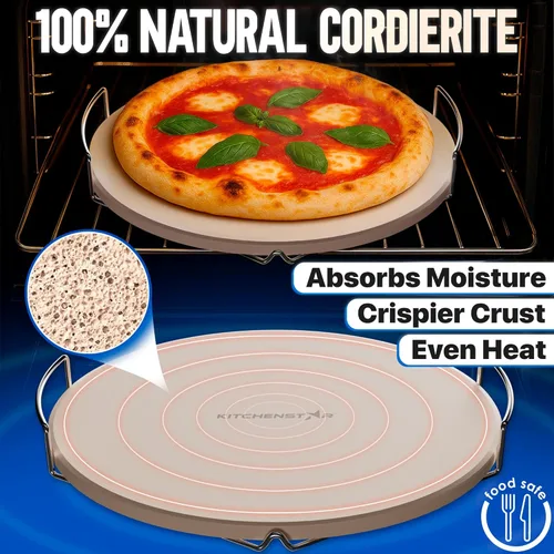 Miniatura 3 de KitchenStar Piedra para pizza de 12 pulgadas para horno y parrilla de barbacoa con asas, redonda, 5/8 pulgadas de grosor, cordierita natural
