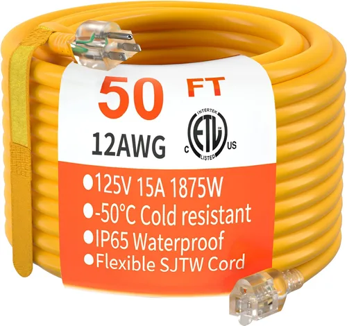 Miniatura 25 de HUANCHAIN Cable de extensión para interiores y exteriores, 50 pies, impermeable, calibre 16/3, flexible, resistente, cable de extensión para Amarillo