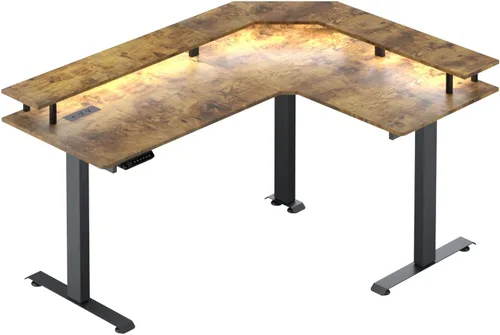 CubiCubi Escritorio de pie con triple motor de 63 pulgadas en forma de L con tira LED y tomas de corriente, escritorio de esquina ajustable en