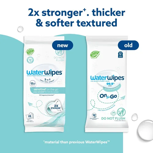 Miniatura 3 de WaterWipes Sensitive+ On The Go Wipes, 3 en 1 limpia, cuida, protege, 99.9% de agua, toallitas húmedas hipoalergénicas y sin perfume, 28