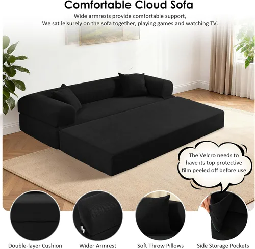 Miniatura 5 de Sofá cama convertible de 80 pulgadas, sofá cama plegable de pana con almohadas, sofá de compresión moderno sin hueso sin montaje, sofá de compresión