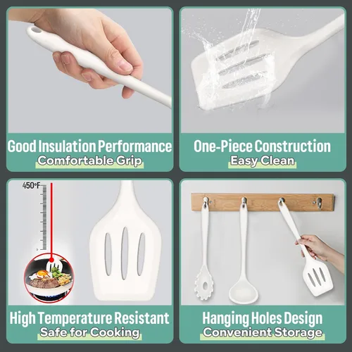 Miniatura 3 de E-far Juego de utensilios de cocina de silicona, juego de 7 piezas de utensilios de cocina resistentes al calor en color blanco, utensilios