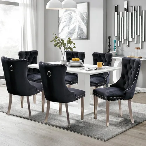 Miniatura 95 de Juego de 2 sillas de comedor tapizadas de terciopelo, sillas laterales de cocina de estilo moderno con ribete de cabeza de clavo y patas de madera
