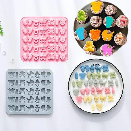 Miniatura 9 de Paquete de 2 moldes de silicona para baby shower, 35 cavidades para pies de bebé, con botella 3D, para chupete, patrón de oso carruaje para fiesta