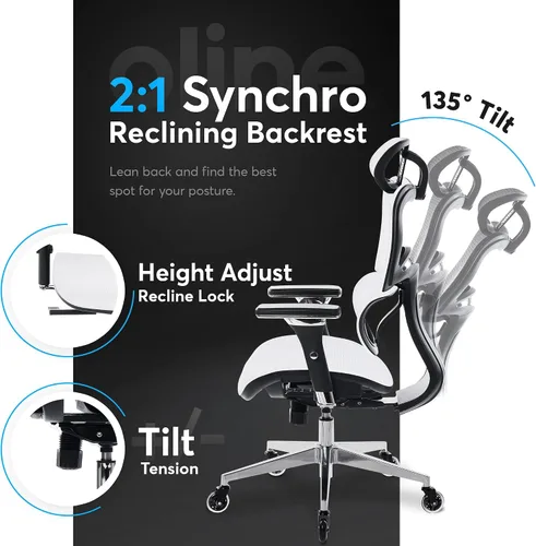 Miniatura 5 de Oline ErgoPro Silla de oficina ergonómica con reposa-brazos ajustable 4D, soporte lumbar 3D y ruedas delgadas – Silla de escritorio rodante de malla