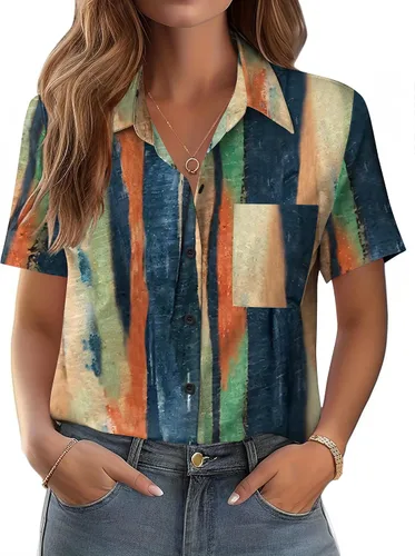 Miniatura 12 de Zeagoo Blusa de manga corta con botones para mujer, con bolsillo en el busto, para negocios, casual, para el trabajo, trajes de verano