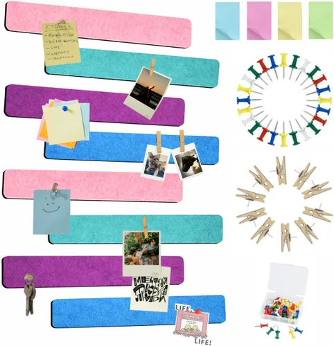 Miniatura 25 de Vuzvuv 8 tiras para tablón de anuncios con 50 chinchetas y 10 clips de madera, tablero de corcho autoadhesivo para pared, tablero de fieltro