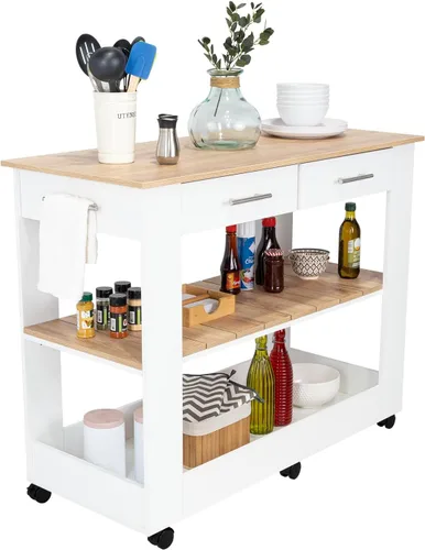 Miniatura 2 de FM FURNITURE Brooklyn 80 Isla de cocina con acento de roble claro, con estantes y cajones