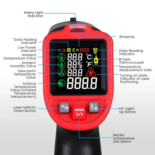 Miniatura 8 de Termómetro infrarrojo IR láser pistola de temperatura 58 ° ~ 1562 °F con termopar tipo K y abrazadera de plomo, termómetro digital con abrazadera
