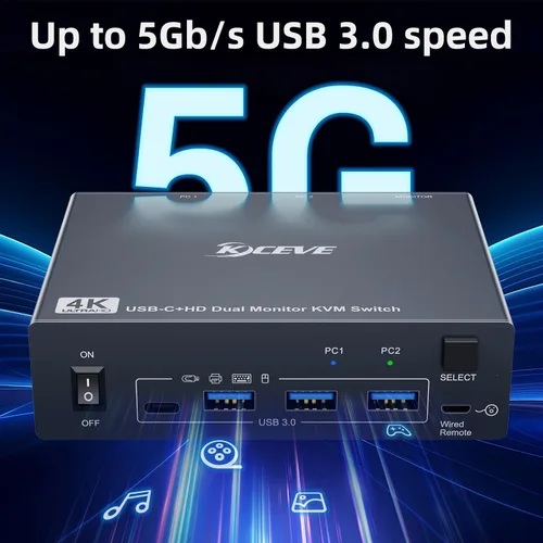 Miniatura 5 de Interruptor KVM 2 Monitores 1 Laptop y 1 Computadora de Escritorio 4K@60Hz, Camgeet Interruptor KVM USB C HDMI Monitor Dual con 4 Puertos USB3.0