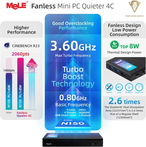 Miniatura 3 de MeLE Mini PC Quieter 4C N150 sin ventilador (Beat N100, N97), 16 GB 512 GB Mini computadora de escritorio, USB C totalmente funcional, Wi-Fi 2.4/5G