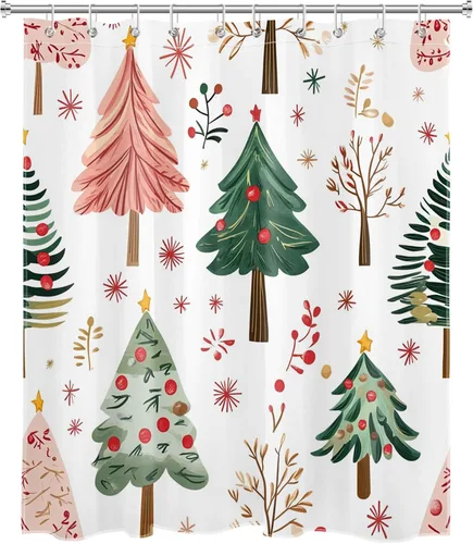 Miniatura 2 de LB Cortina de ducha de árbol de Navidad para baño, cortina de ducha abstracta de tela de pino nevado rosa y verde con ganchos, juego de cortina