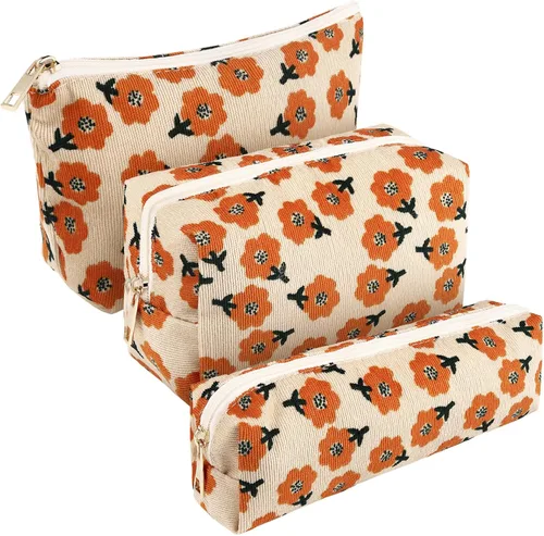 Photect Juego de 3 bolsas de maquillaje floral para bolso, bolsa de lona de pana, pequeña bolsa de cosméticos para mujeres, mini artículos de
