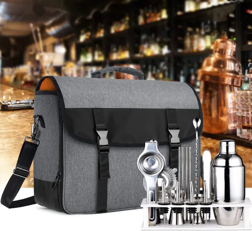 Miniatura 7 de CURMIO Bolsa de bartender, bolsa de viaje para juego de herramientas de bar, kits de almacenamiento para bartender con compartimentos acolchados Gris