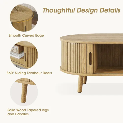Miniatura 5 de Alohappy Mesa auxiliar ovalada de 42.5 pulgadas de ancho, mesa de centro moderna de mediados de siglo con puerta corrediza de tambor, mesa central