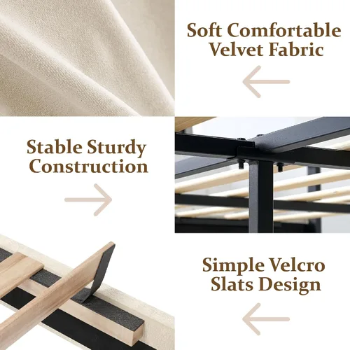 Miniatura 5 de CXVX Marco de cama de tamaño matrimonial con estructura de plataforma y cabecera tapizada, diseño con botones, listones de madera resistentes,