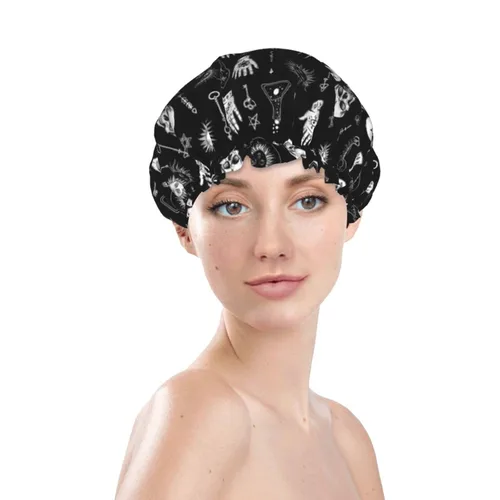 Miniatura 3 de Gorro de ducha gótico, cuervo, cuervo, calavera, luna, estrella, gótico, gorra de baño diseñada para mujeres, impermeable, doble capa