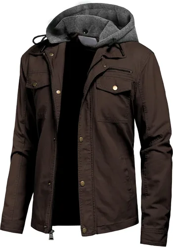Miniatura 10 de Pursky Chaqueta de lona de algodón militar casual para hombre con capucha desmontable