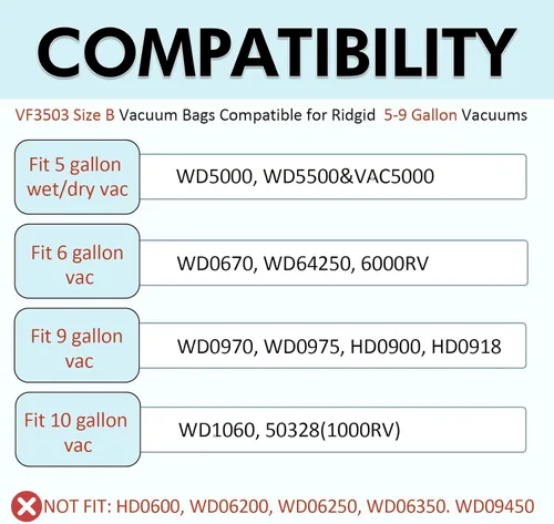 Miniatura 2 de Paquete de 12 bolsas de vacío VF3503 compatibles con aspiradoras Ridgid de 6 a 9 galones, bolsas desechables de recolección de polvo tamaño B