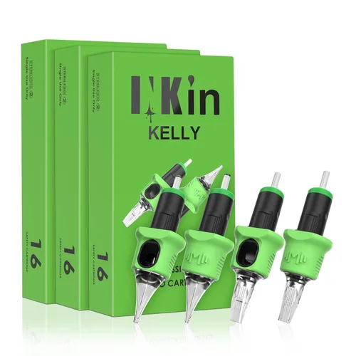 INKin Cartuchos de tatuaje Kelly 80pcs agujas de repisa de dedo surtidas 7M1C 9M1C 11M1C 15M1C 17M1C Curvo Magnum #10 Bugpin L-Taper con membrana