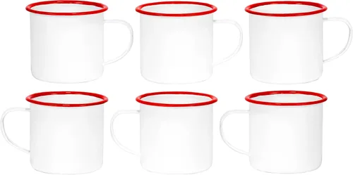 Miniatura 7 de Red Co. Juego de 6 tazas redondas de café y té de metal esmaltado de 12 onzas con asa, borde blanco y rojo sólido