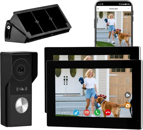 Timbre de video de 1080p con sistema de monitor, portero de video WiFi 1080FHD cámara de metal, 7 pulgadas dos monitores con tarjeta de 32 GB,