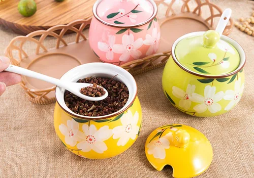Miniatura 6 de Tarro de condimento de cerámica japonés pintado a mano con cuchara de tapa