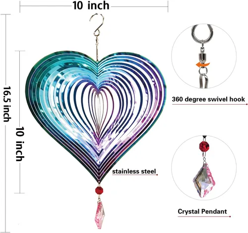 Miniatura 3 de Molinillo de viento para exteriores, de metal, 3D, para colgar en el patio, decoración de jardín, regalos de acero inoxidable con patrón de corazón
