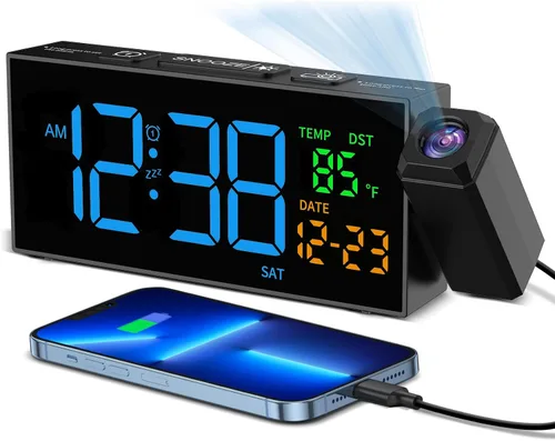 Miniatura 11 de Netzu Reloj de proyección para techo de dormitorio, despertadores con proyector giratorio de 180°, temperatura de fecha y día de la semana, DST