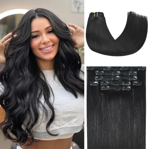 Miniatura 10 de Honsoo Extensiones de cabello humano real de color marrón con pinzas, marrón castaño, 15 pulgadas, 70 g, 7 unidades, cabello lacio sedoso y marrón