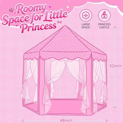 Miniatura 3 de wilwolfer Tienda de campaña tipo castillo de princesa para niñas, tienda de campaña hexagonal grande para jugar, casa de juegos con luces de Tienda