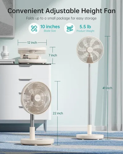 Miniatura 5 de TriPole Ventilador de Pedestal Plegable de 12" Portátil Recargable con Batería con Control Remoto, Configuración de Temporizador, Altura Ajustable
