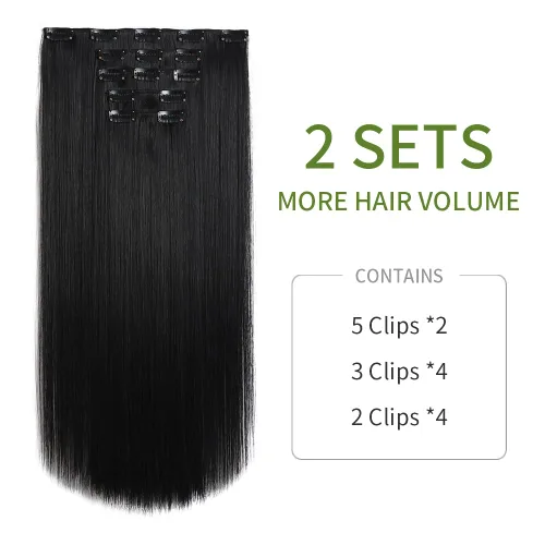 Miniatura 2 de Extensiones de cabello negro lacio, 2 juegos de extensiones de cabello con clip para mujeres, Halloween, 5 piezas de 22 pulgadas, piezas de cabello