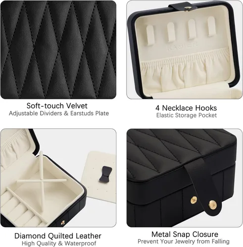 Miniatura 3 de KAMIER Organizador de viaje de joyería cajas de joyería portátiles de cuero acolchado con diamantes para mujeres y niñas organizador pequeño