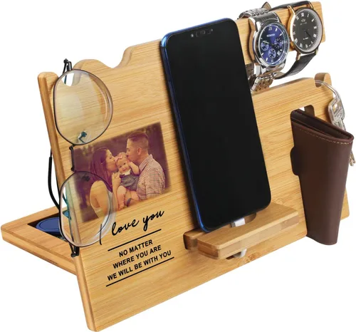 Regalos para hombres – Estación de acoplamiento de madera personalizada – Organizador de mesita de noche grabado con soporte para teléfono, soporte
