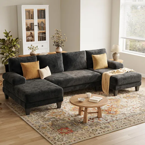 Miniatura 9 de Sofás seccionales en forma de U para sala de estar, sofá modular moderno de 112 pulgadas, sofá de felpilla gris oscuro con diván doble