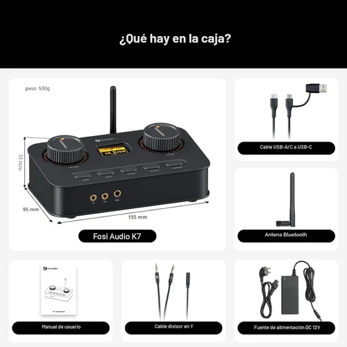 Miniatura 8 de Fosi Audio K7 DAC Amplificador de Auriculares, Convertidor de Audio Digital a Analógico USB C de Escritorio para Espacio de Trabajo y PC